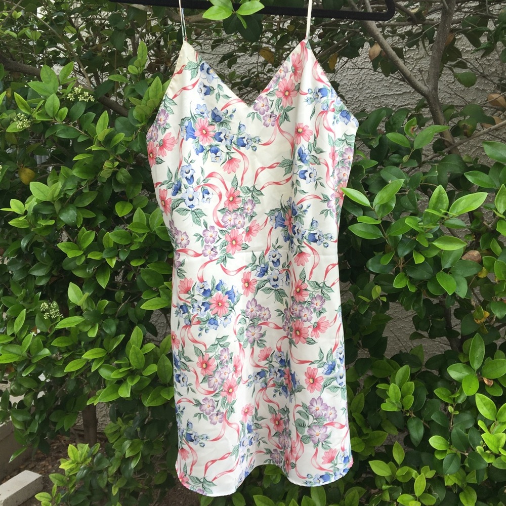 Silk Slip Pajama Lingerie Floral Flower White Pink